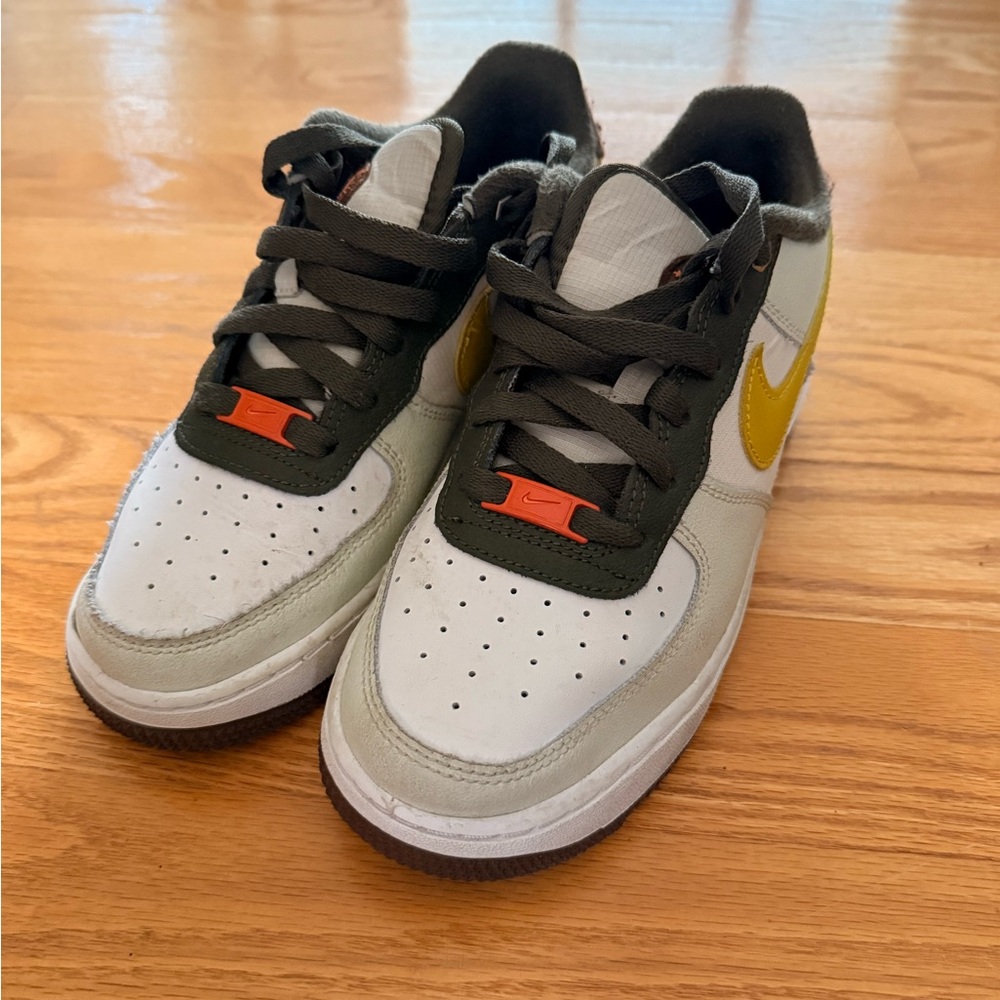 Nike Kids' Air Force 1 Off White, Olive and Yellow Sneakers with Black Accents